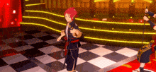 a person with red hair is standing on a checkered floor
