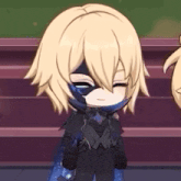 a cartoon character with blonde hair and a mask on his face is standing next to a girl .