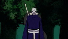 a cartoon character with a white mask and a sword