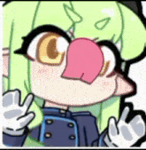 a cartoon of a girl with green hair and a pink tongue sticking out .