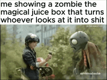 a zombie is standing next to a boy holding a skateboard and a can of soda .