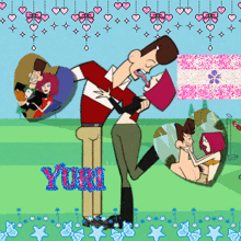 a cartoon of a man kissing a woman with the word yuri written in blue