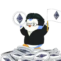 a penguin in a suit is holding a flag and a coin with an ethereum logo