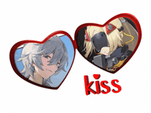 a couple of hearts with the word kiss on the bottom right