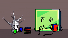 a cartoon drawing of a tree and a green box with faces
