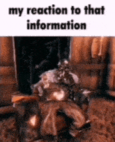 a statue of a man is sitting in a chair in a video game with the caption `` my reaction to that information '' .