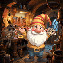 a cartoon gnome with a beard and striped hat