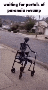 a skeleton is sitting in a walker on a sidewalk .