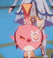 a pink bird with a yellow triangle on its head has a sticker on its eye that says " x "