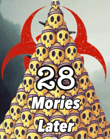 a pyramid of skulls with the words 28 movies later on the bottom