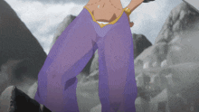a woman in purple pants with a gold belt around her waist