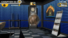a video game shows a room with a dart board and a neon sign that says monokuma