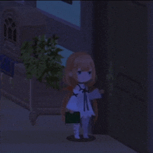 a little girl in a white dress stands in front of a door