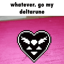 a pixel art heart with a face on it is on a pink surface .