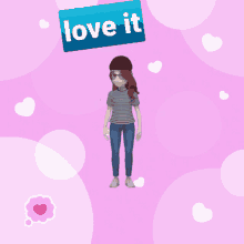 a girl is making a heart shape with her hands and a sign above her that says love it