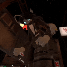 a video game character stands in front of a sign that says 4 visitors