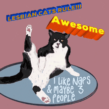 a drawing of a black and white cat with the words " lesbian cats rule awesome i like naps & maybe 3 people "