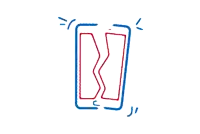 a blue and red drawing of a cell phone with a broken screen