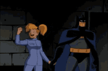 harley quinn is standing next to batman in a dark room .