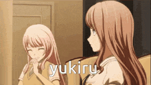 two anime girls are standing next to each other with the name yukiru written on the bottom