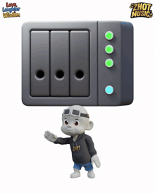 a cartoon character wearing a hoodie that says ' zhout music ' on it