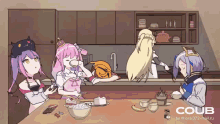 a group of anime girls are gathered around a table with coub written on the bottom right