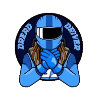 a cartoon drawing of a dread driver wearing a helmet and gloves