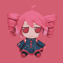 a stuffed doll with pink hair and headphones on a pink background