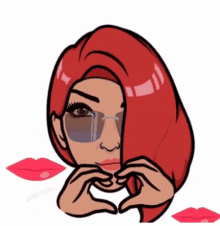 a cartoon of a woman with red hair making a heart with her hands .