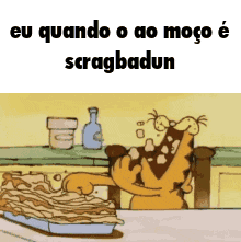 a cartoon of garfield sitting at a table with a tray of food in front of him
