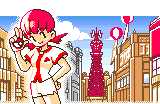 a pixel art of a girl giving a peace sign in front of a tower