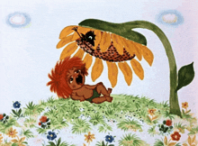 a cartoon drawing of a hedgehog laying under a large sunflower