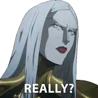 a cartoon of a woman with long white hair and the words " really " below her