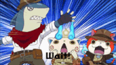 a shark and two cats are standing next to each other with wait written on the bottom right