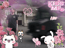 a picture of a man standing in front of a house with the words kiss me in pink letters
