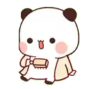a cartoon panda bear is sitting down holding a blanket and a brush .