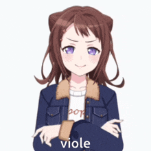 a girl with brown hair and purple eyes is wearing a blue jacket and a white shirt that says pop viole