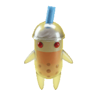 a cartoon character with a blue straw on top of it