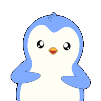 a blue and white penguin holding a pink heart in its beak