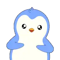 a blue and white penguin holding a pink heart in its beak