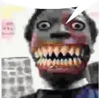 a close up of a man 's face with a speech bubble above it .