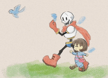 a drawing of papyrus and frisk walking together