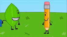 a leaf and a pencil are standing next to each other in the grass