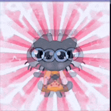 a cartoon cat is sitting in front of a pink and white striped background