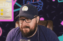 a man wearing glasses and a hat is sitting in front of a sign that says 1st on it