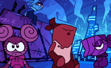 a group of cartoon characters are standing in front of a sign that says sarx on it