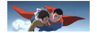 a man in a superman cape is flying with a boy in his arms