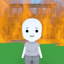 a cartoon character with a sad face is standing in front of a fire