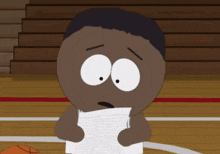a cartoon character holding a piece of paper on a court