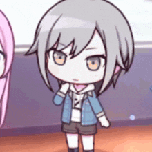 a cartoon girl with gray hair is standing next to another girl